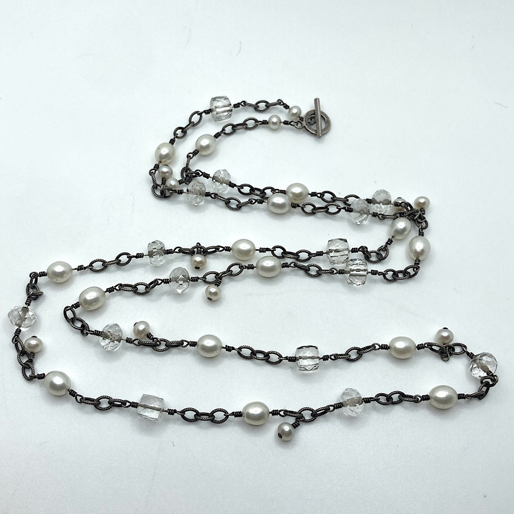 𝅺vtg Sterling Pearl & Facet Cut Crystal Link Chain Necklace Approx 34.5”